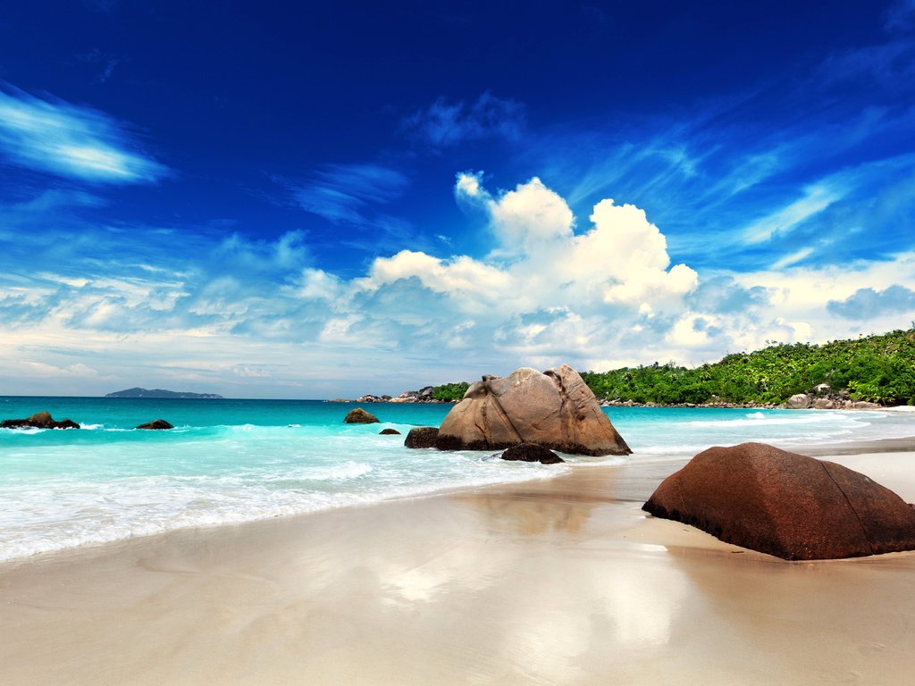 Обои море, пляж, тропики, сейшелы, sea, beach, tropics, seychelles разрешение 5500x3565 Загрузить