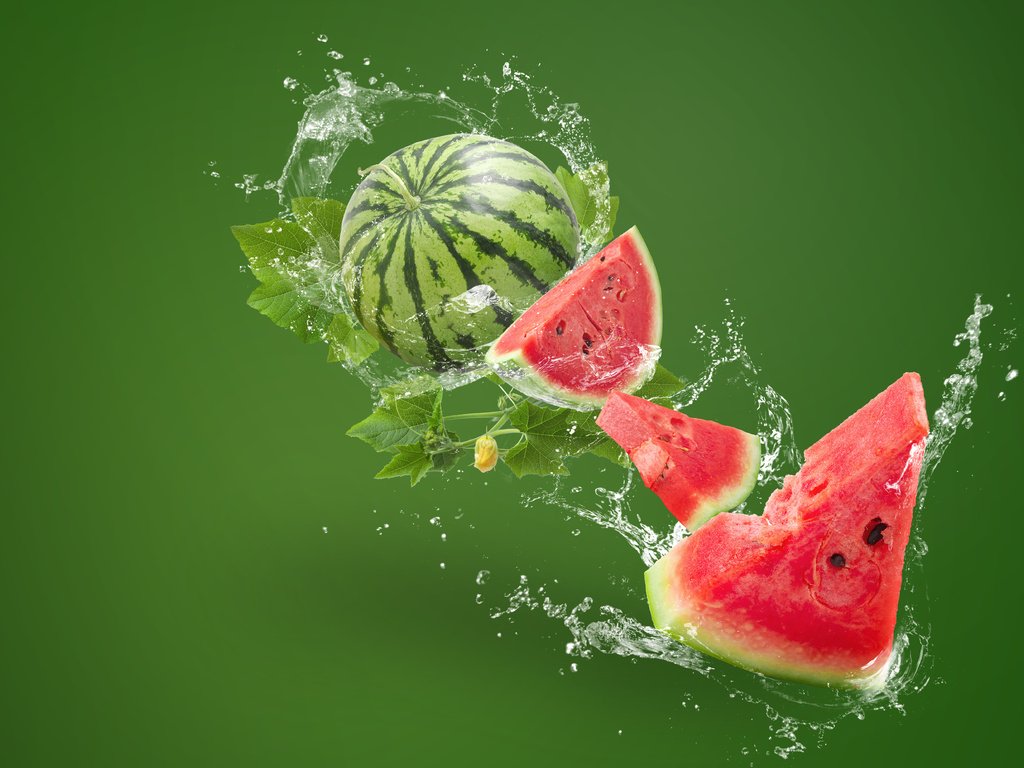 Обои вода, брызги, арбуз, ломтики, всплеск, зеленый фон, water, squirt, watermelon, slices, splash, green background разрешение 6000x4000 Загрузить