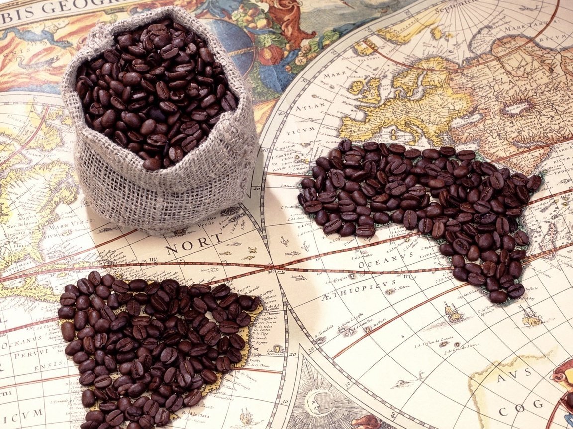 Обои кофе, карта, кофейные зерна, путешествие, мешочек, coffee, map, coffee beans, journey, pouch разрешение 1920x1200 Загрузить