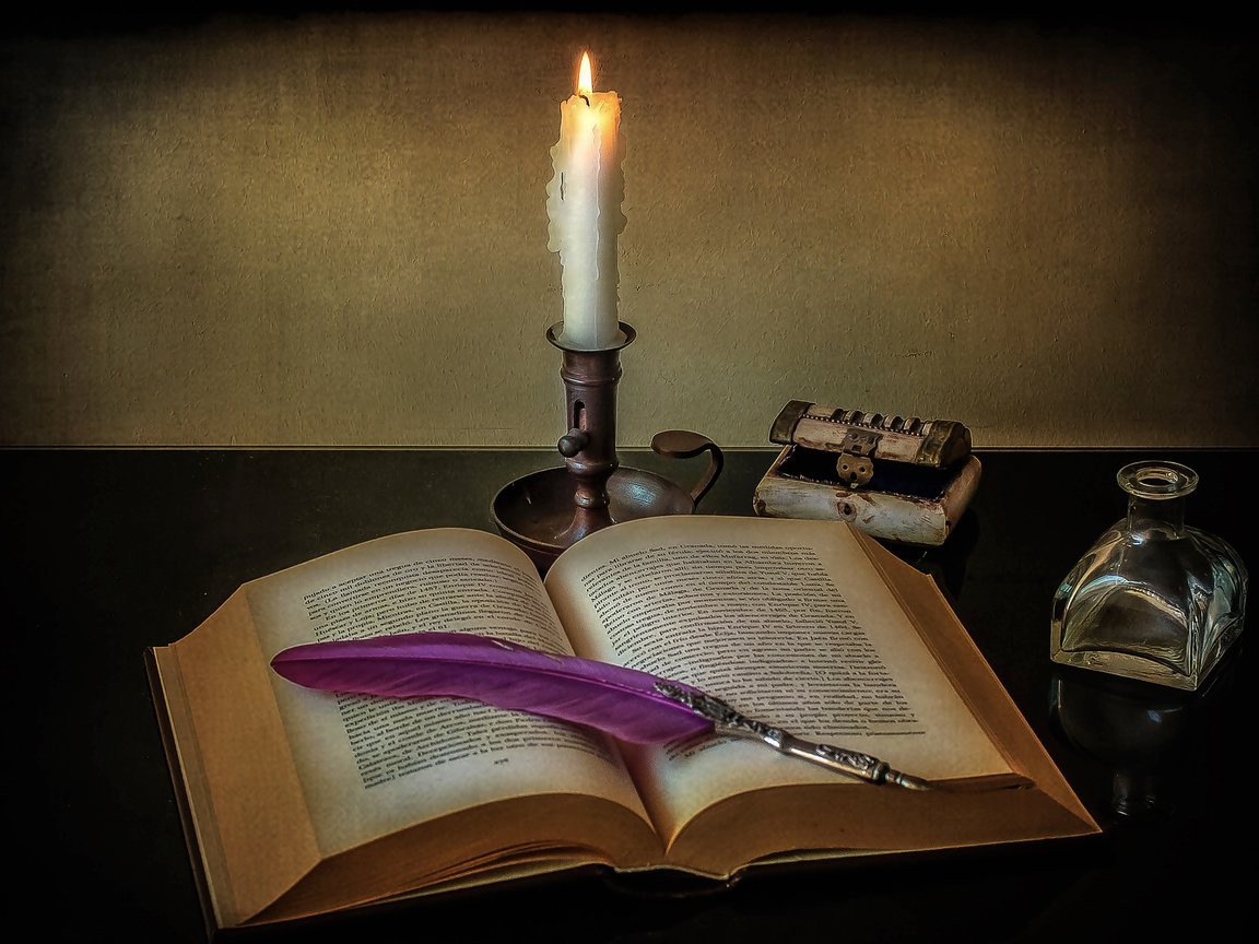 Обои пламя, свеча, книга, перо, натюрморт, пламя свечи, flame, candle, book, pen, still life, the flame of a candle разрешение 3510x2382 Загрузить