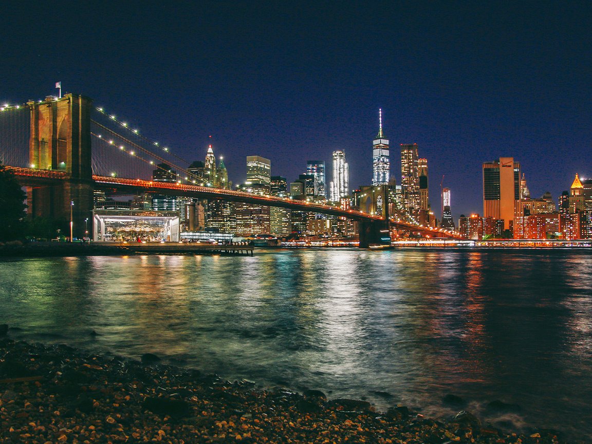 Обои ночь, нью-йорк, манхэттен, бруклинский мост, night, new york, manhattan, brooklyn bridge разрешение 1920x1200 Загрузить