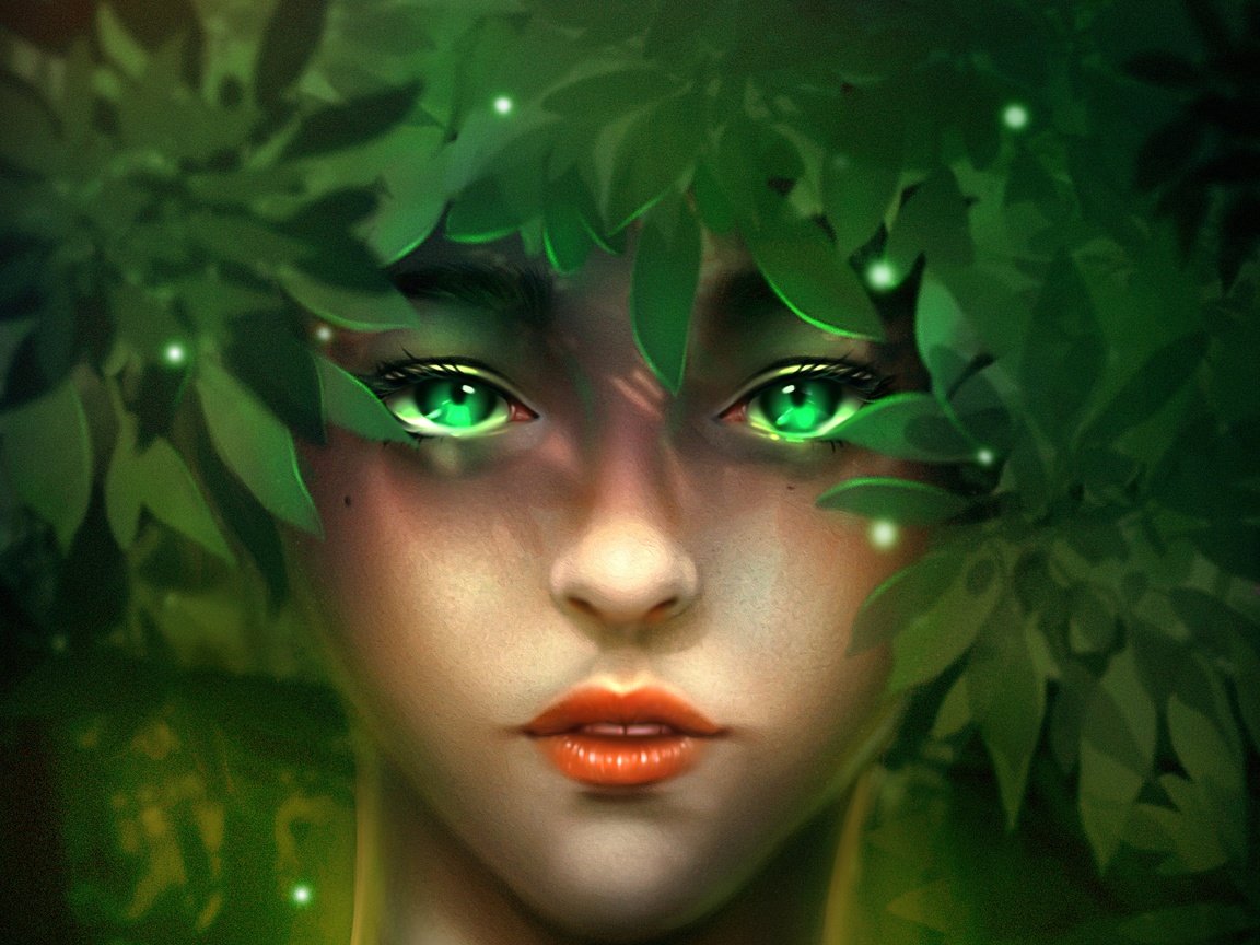 Обои листья, девушка, взгляд, фэнтези, лицо, зеленые глаза, minnhsg, leaves, girl, look, fantasy, face, green eyes разрешение 2054x1800 Загрузить