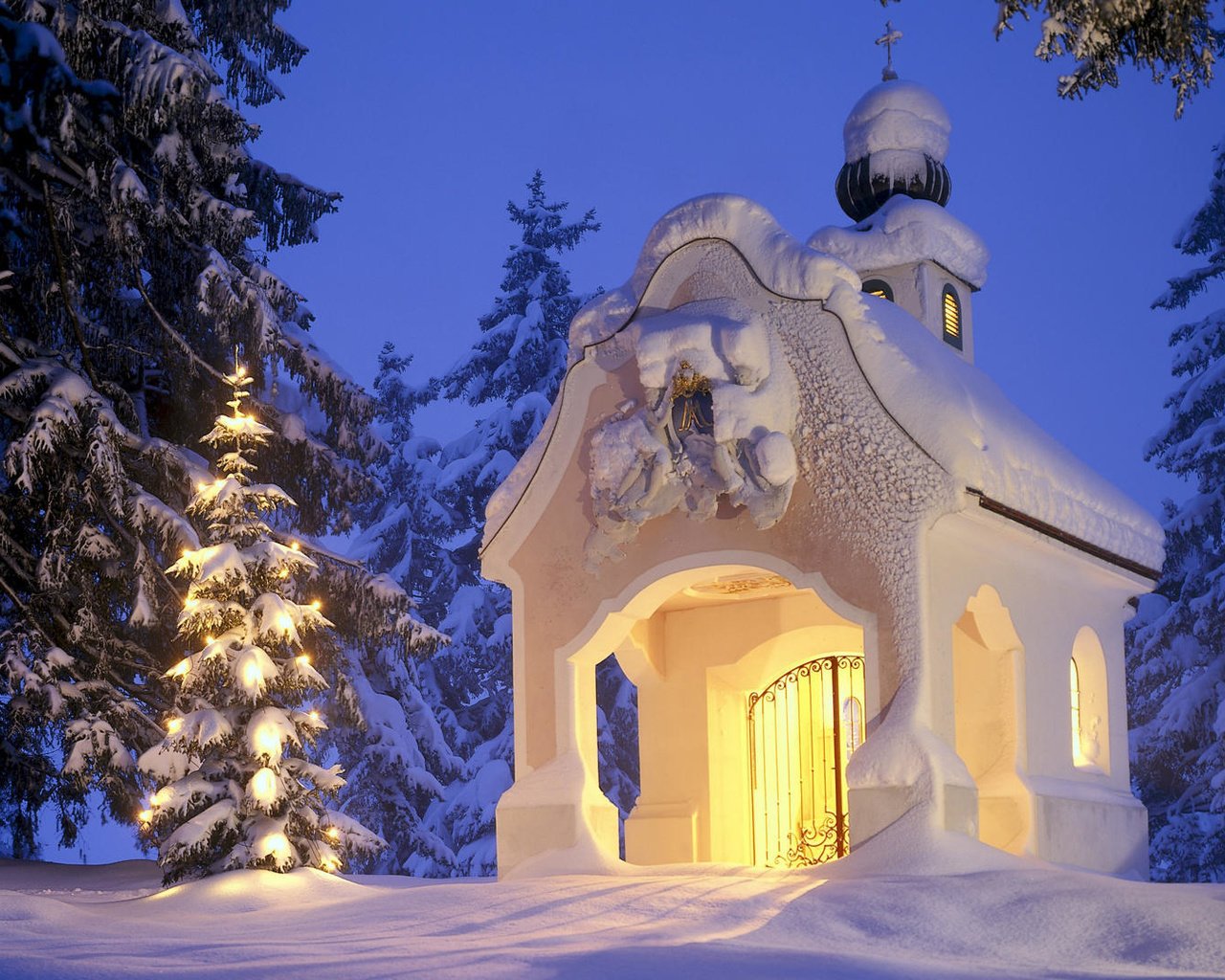 Обои снег, елка, зима, рождество, часовня, snow, tree, winter, christmas, chapel разрешение 1920x1080 Загрузить