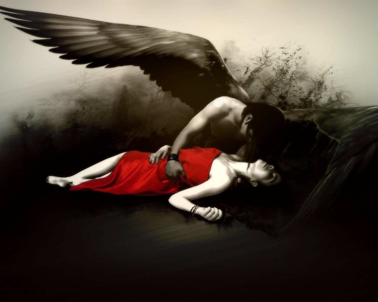 Обои девушка, черно-белая, ангел, красное платье, girl, black and white, angel, red dress разрешение 1920x1080 Загрузить