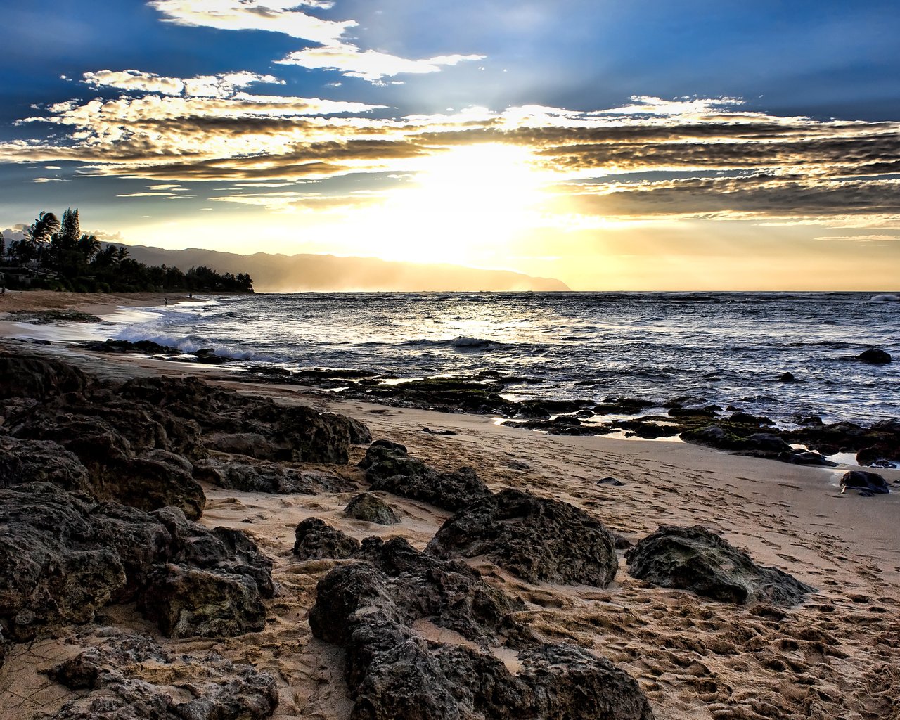 Обои облака, деревья, камни, закат, море, песок, следы, clouds, trees, stones, sunset, sea, sand, traces разрешение 2560x1600 Загрузить