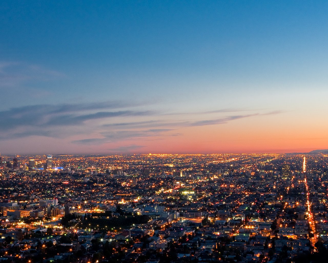 Обои вид, панорама, лос-анджелес, вечерние огни, лос-анжелес, view, panorama, los angeles, evening lights разрешение 2831x1080 Загрузить