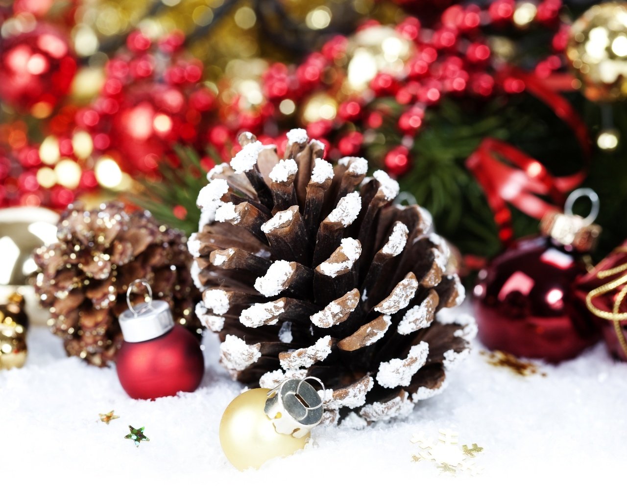 Обои снег, рождество, новый год, шишки, елка, золотые, украшения, красные, шарики, игрушки, шишка, snow, christmas, new year, bumps, tree, gold, decoration, red, balls, toys, bump разрешение 2560x1600 Загрузить