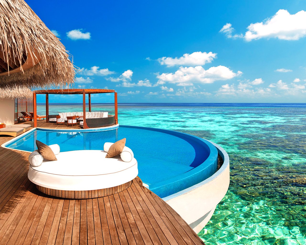 Обои море, бунгало, тропики, мальдивы, sea, bungalow, tropics, the maldives разрешение 2088x1146 Загрузить