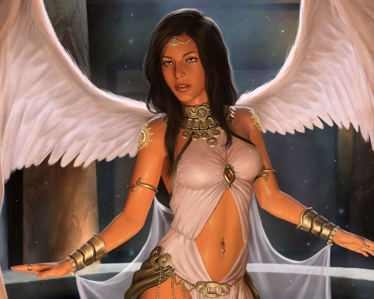 Обои арт, поза, ангел, девушка. взгляд. крылья, art, pose, angel, girl. look. wings разрешение 1920x1440 Загрузить