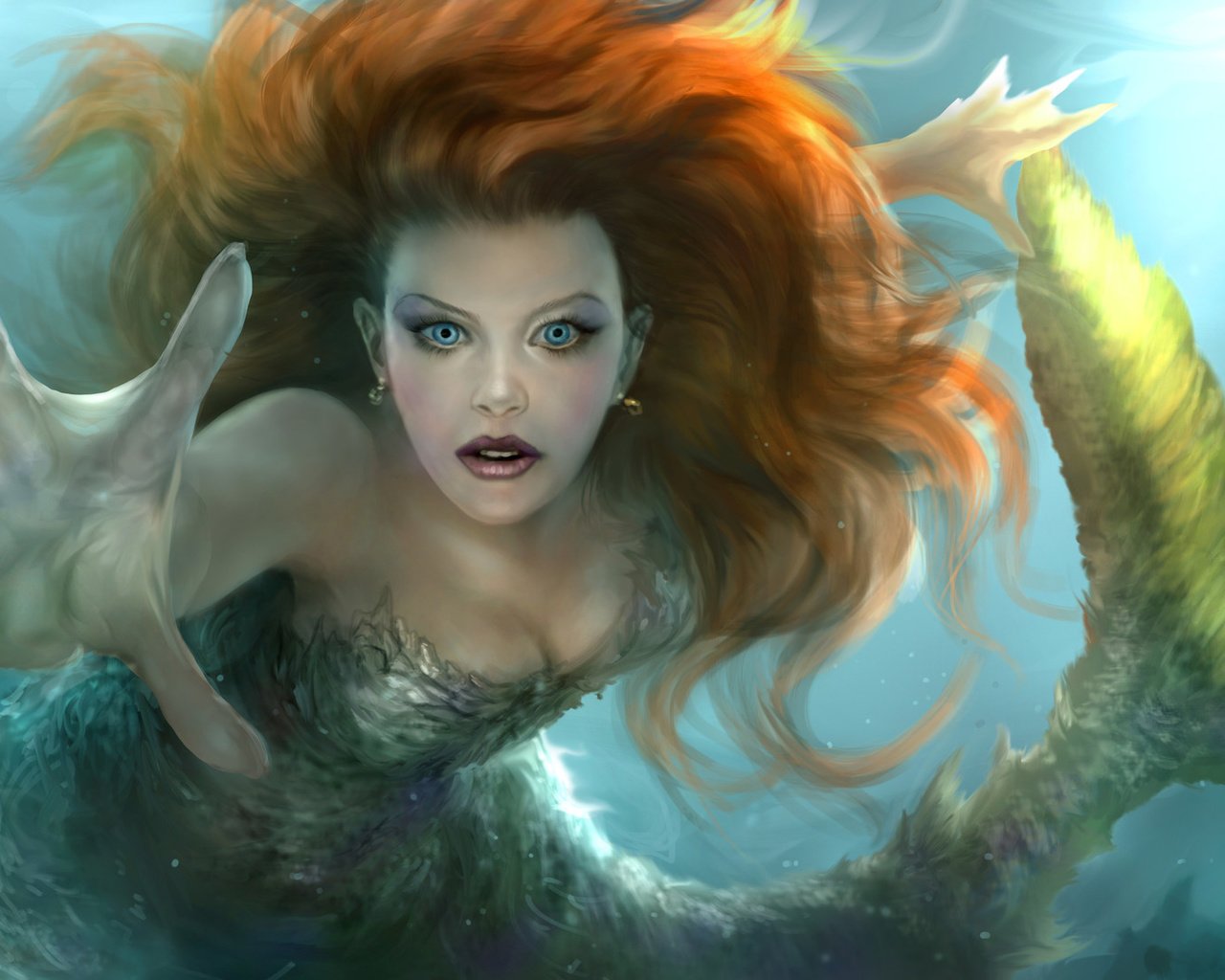 Обои арт, вода, рука, взгляд, волосы, хвост, русалка, плавник, art, water, hand, look, hair, tail, mermaid, fin разрешение 1920x1096 Загрузить