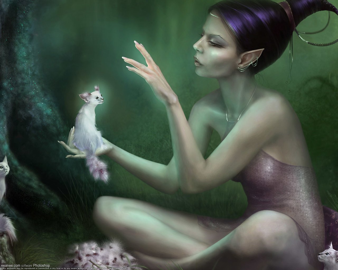 Обои лес, девушка, фея, кошки, эльф, эльфийка, эльфика, forest, girl, fairy, cats, elf, elfika разрешение 1920x1080 Загрузить