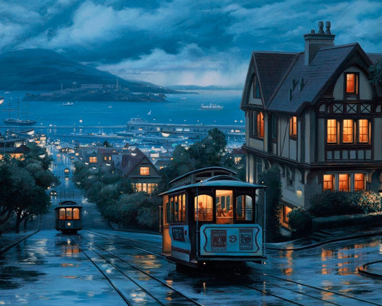 Обои город, дождь, трамвай, the city, rain, tram разрешение 1920x1080 Загрузить