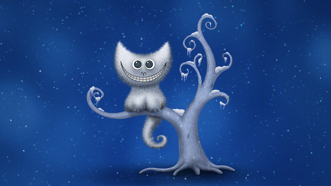 Обои дерево, зима, снежинки, улыбка, чеширский кот, tree, winter, snowflakes, smile, cheshire cat разрешение 1920x1200 Загрузить