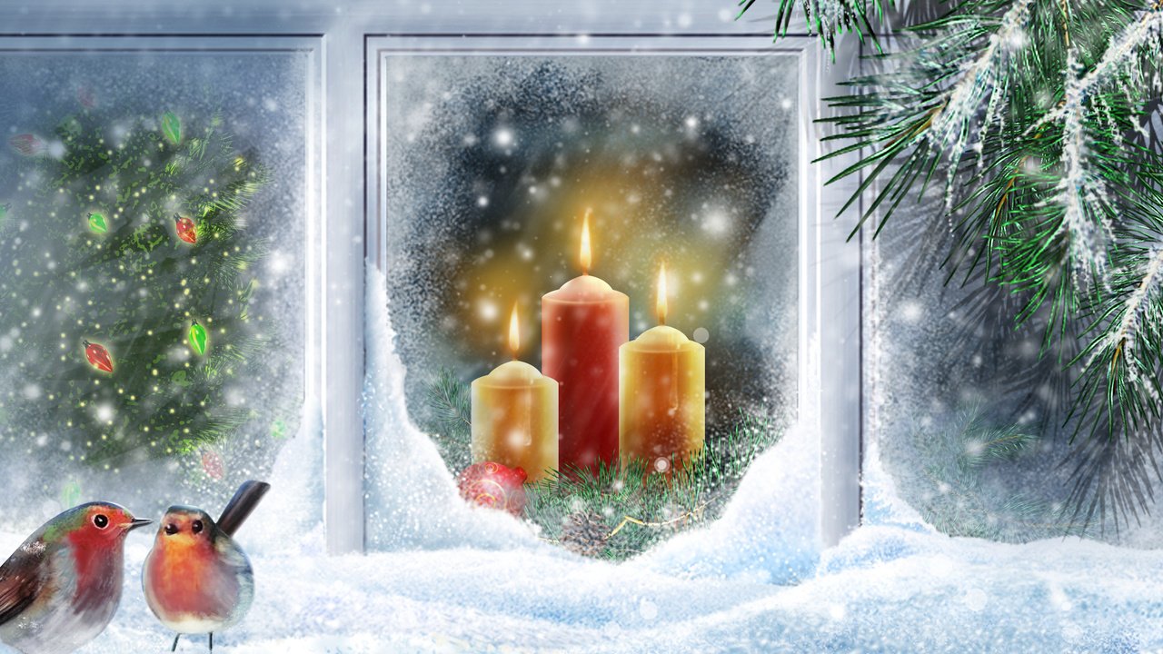 Обои снег, праздник, свечи, новый год, елка, вектор, ветки, птицы, окно, snow, holiday, candles, new year, tree, vector, branches, birds, window разрешение 2560x1670 Загрузить