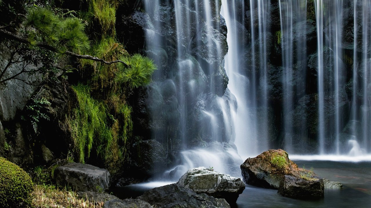 Обои камни, хвоя, водопад, поток, stones, needles, waterfall, stream разрешение 1920x1200 Загрузить