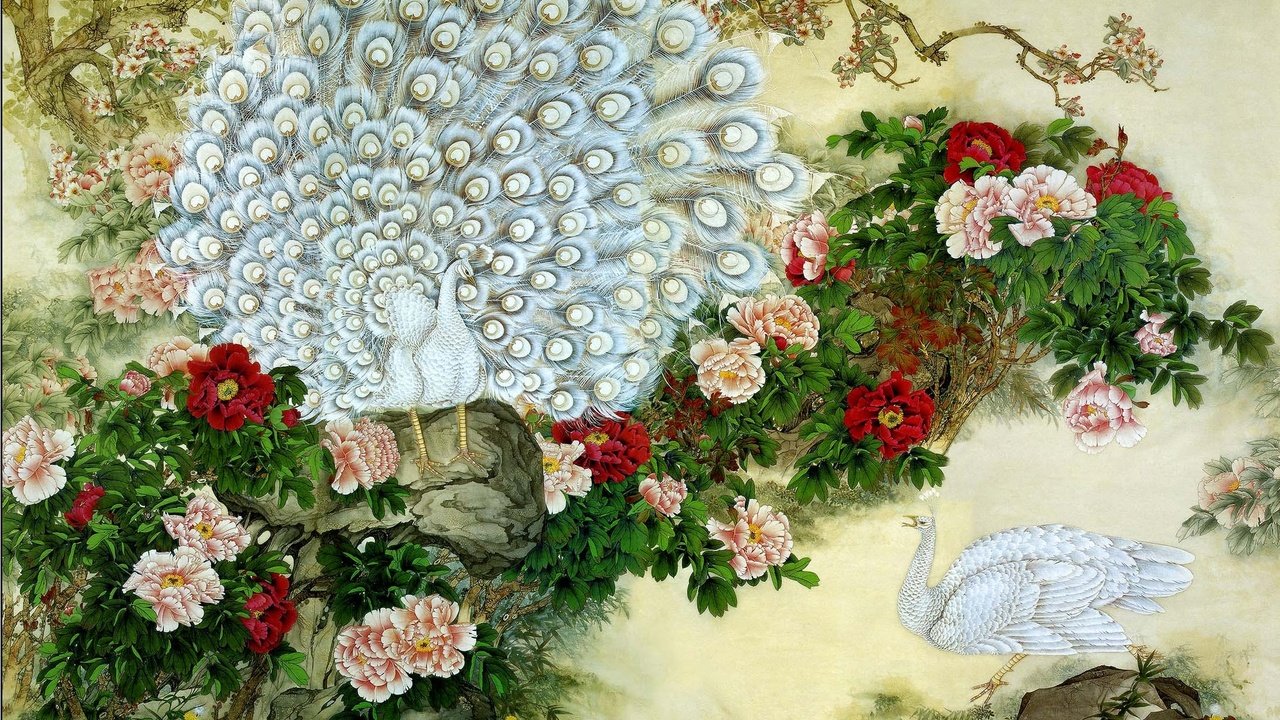 Обои цветы, рисунок, птицы, павлин, живопись, пионы, flowers, figure, birds, peacock, painting, peonies разрешение 2181x1419 Загрузить