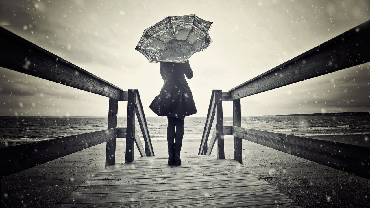 Обои снег, девушка, зонт, ветер, чб, snow, girl, umbrella, the wind, bw разрешение 2500x1568 Загрузить