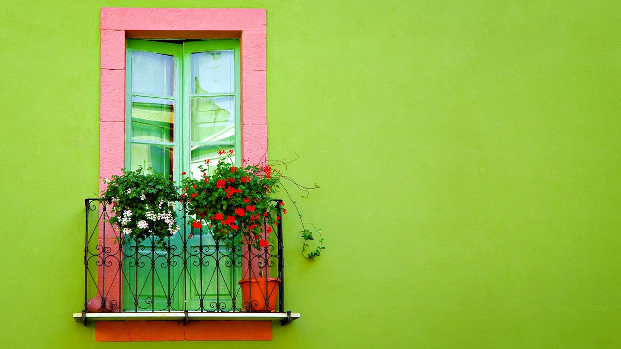 Обои цветы, фон, здание, балкон, flowers, background, the building, balcony разрешение 1920x1080 Загрузить