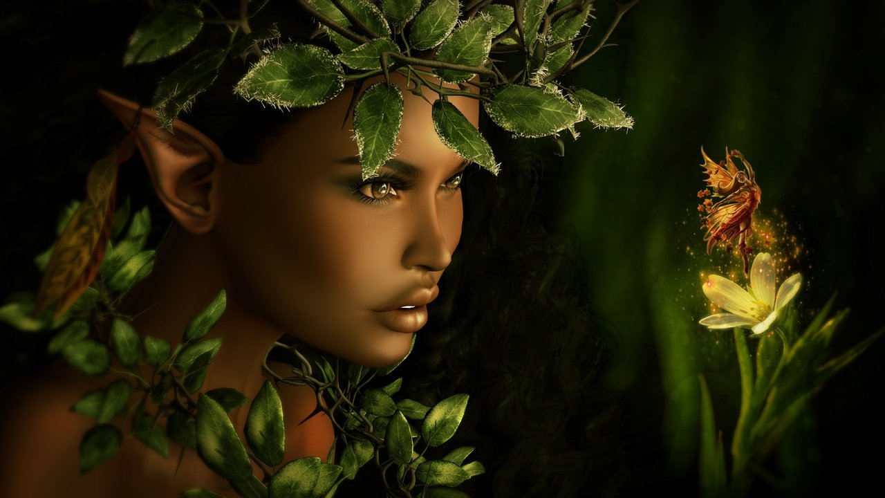 Обои девушка, листва, фея, лицо, эльфийка, сказка, girl, foliage, fairy, face, elf, tale разрешение 4000x2119 Загрузить