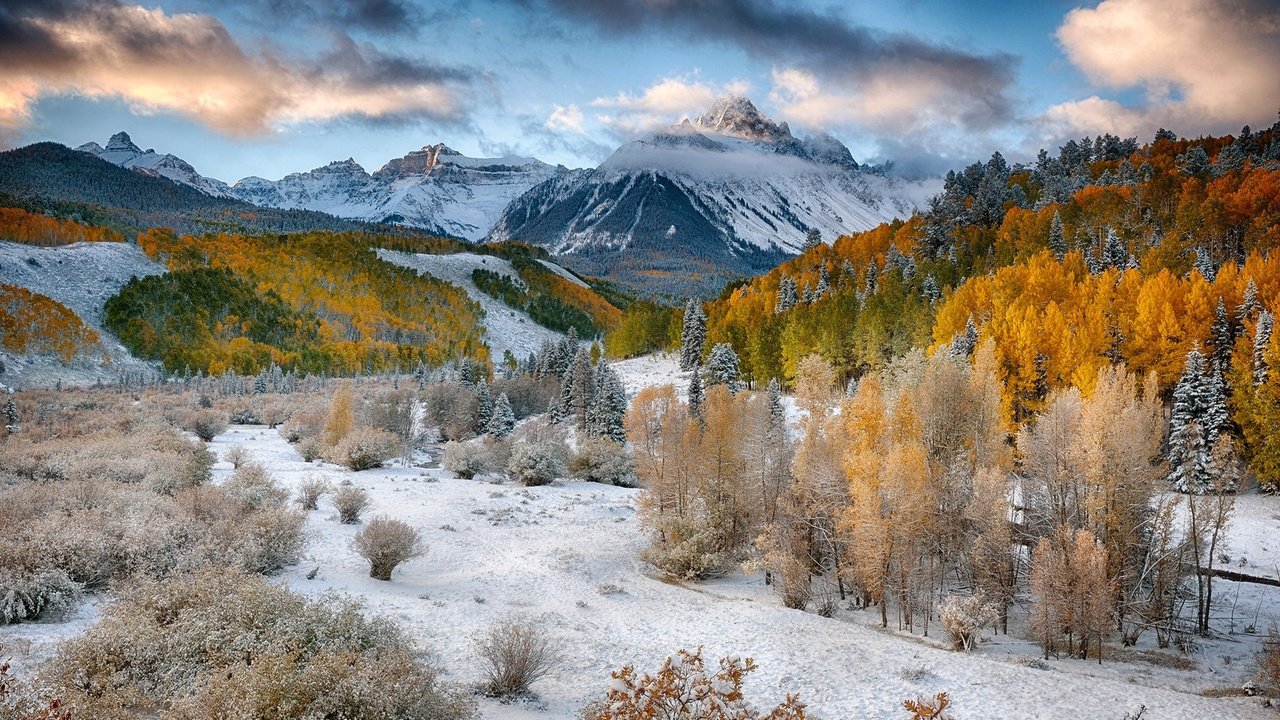 Обои деревья, горы, снег, лес, осень, долина, trees, mountains, snow, forest, autumn, valley разрешение 1920x1280 Загрузить