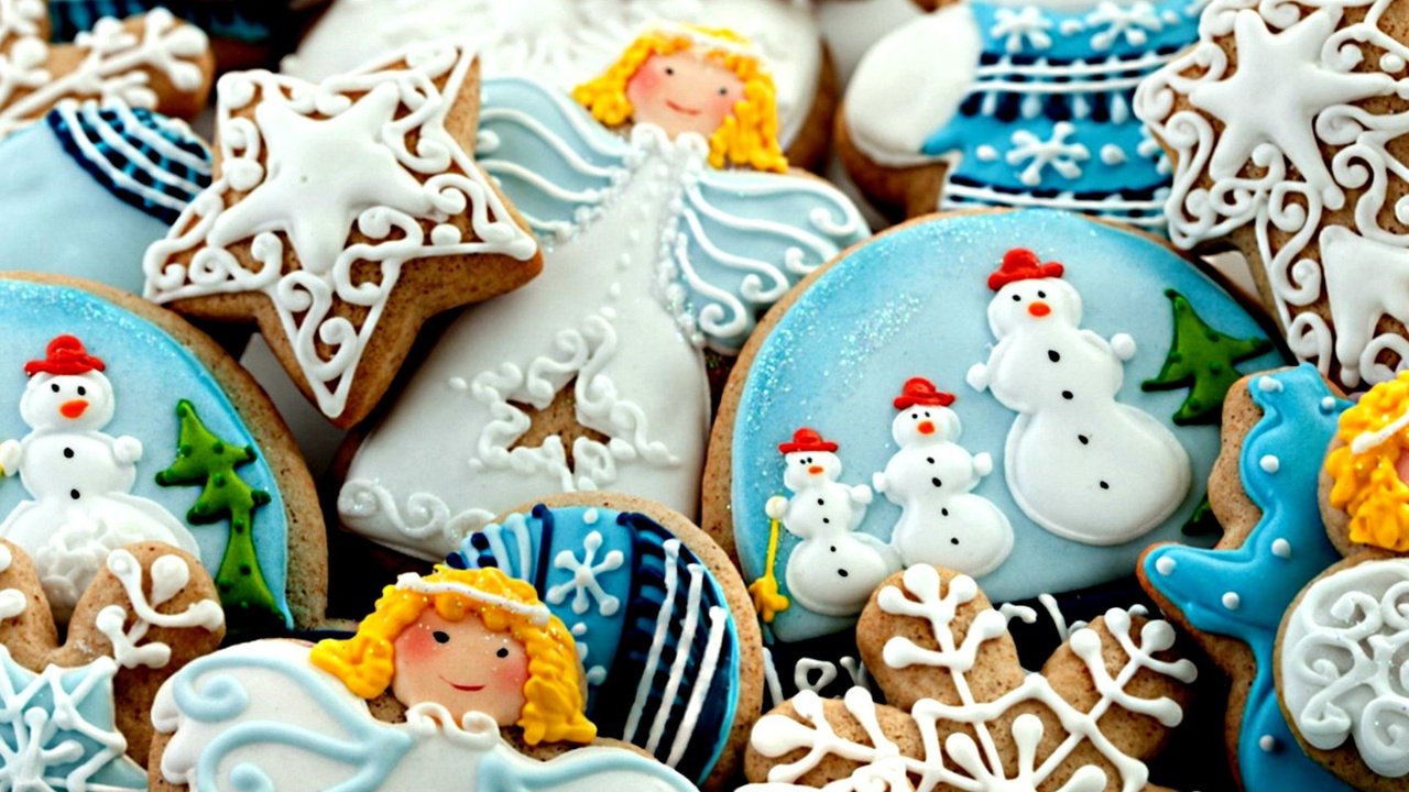 Обои новый год, новогоднее печенье, снеговики, сладкое, печенье, выпечка, десерт, глазурь, ангелочки, new year, snowmen, sweet, cookies, cakes, dessert, glaze, angels разрешение 1920x1440 Загрузить