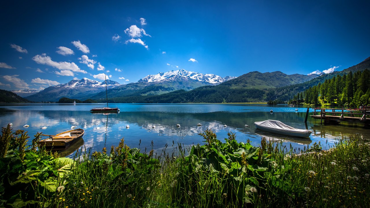 Обои небо, облака, озеро, горы, швейцария, лодки, альпы, the sky, clouds, lake, mountains, switzerland, boats, alps разрешение 6016x4016 Загрузить