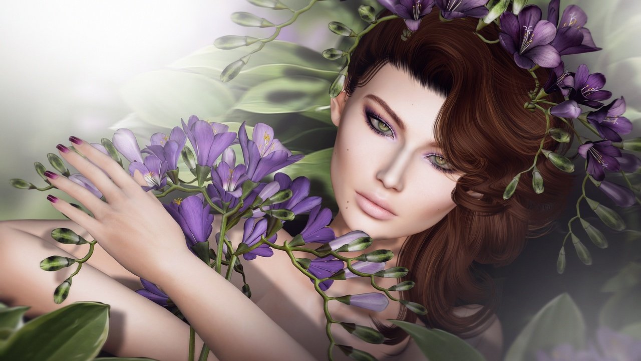 Обои цветы, девушка, взгляд, волосы, лицо, flowers, girl, look, hair, face разрешение 2048x1229 Загрузить