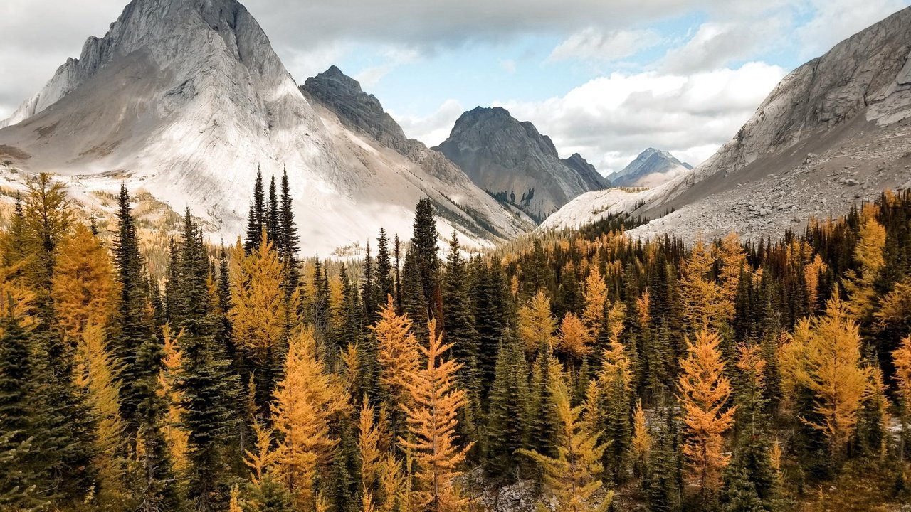 Обои небо, облака, горы, скалы, природа, лес, осень, the sky, clouds, mountains, rocks, nature, forest, autumn разрешение 2048x1536 Загрузить