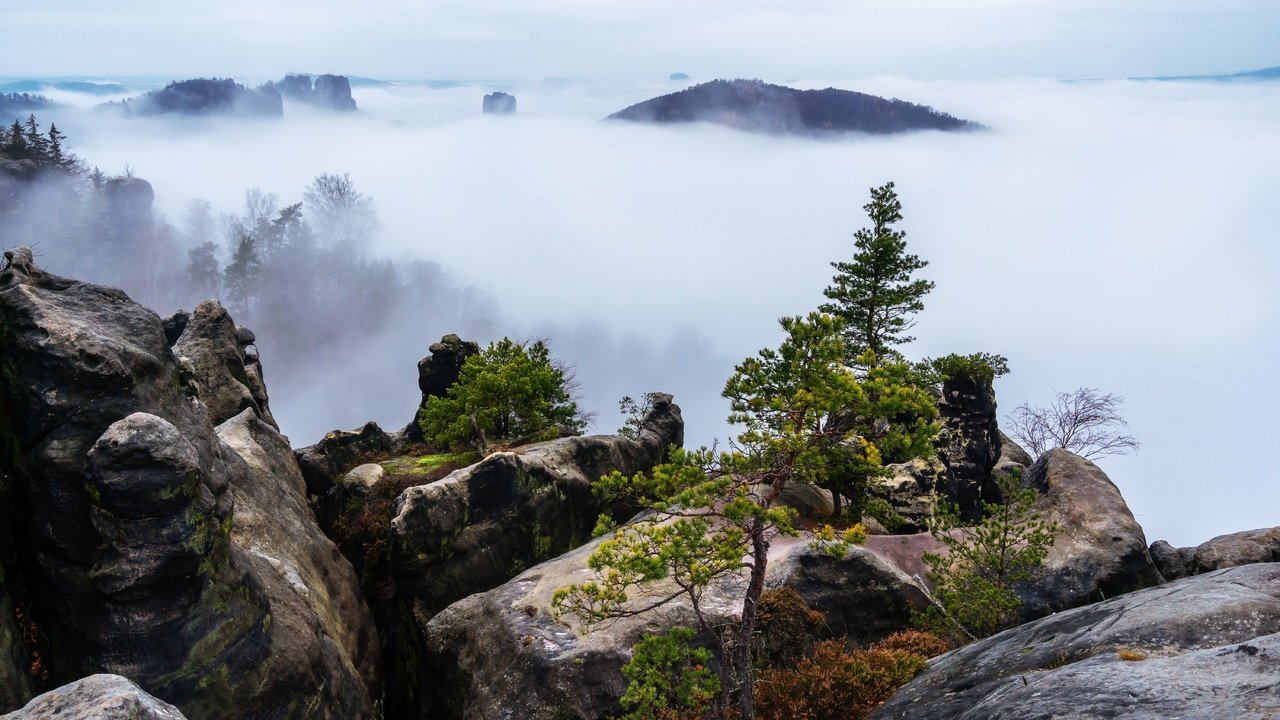 Обои горы, природа, туман, mountains, nature, fog разрешение 6000x3375 Загрузить