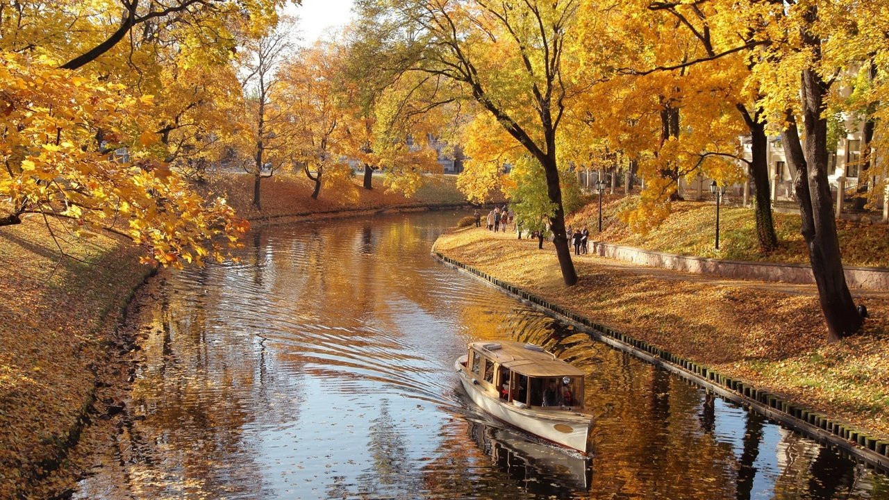 Обои деревья, река, природа, парк, осень, лодка, листопад, trees, river, nature, park, autumn, boat, falling leaves разрешение 1920x1280 Загрузить