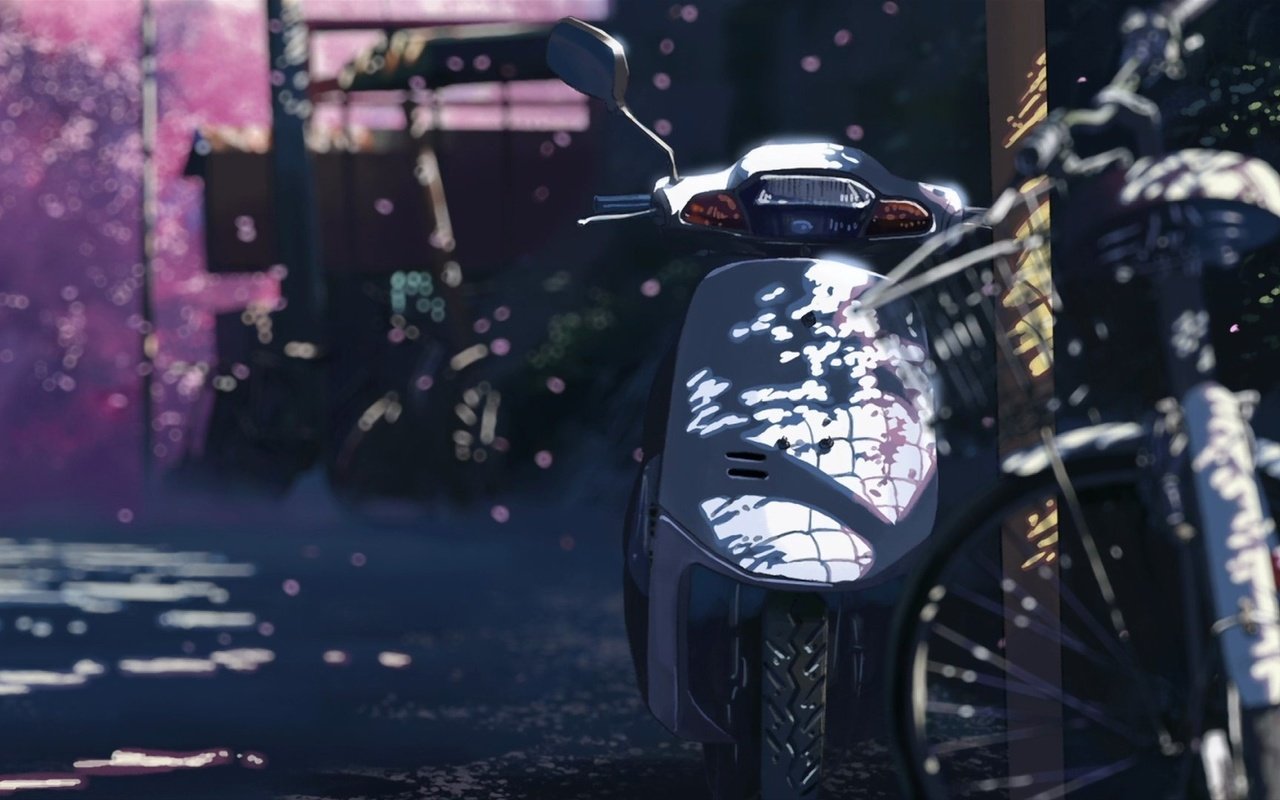 Обои макото синкай, 5 сантиметров в секунду, сакура, мотоцикл, makoto xingkai, 5 centimeters per second, sakura, motorcycle разрешение 1920x1080 Загрузить
