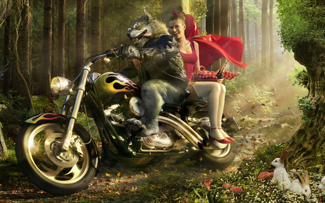 Обои мотоцикл, волк, красная шапочка, motorcycle, wolf, little red riding hood разрешение 2020x1070 Загрузить