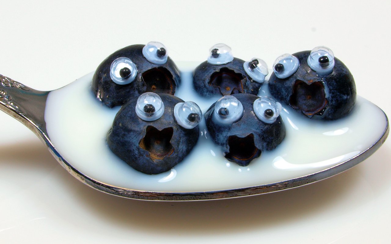 Обои глаза, ягоды, юмор, черника, молоко, сливки, ложка, eyes, berries, humor, blueberries, milk, cream, spoon разрешение 2048x1136 Загрузить