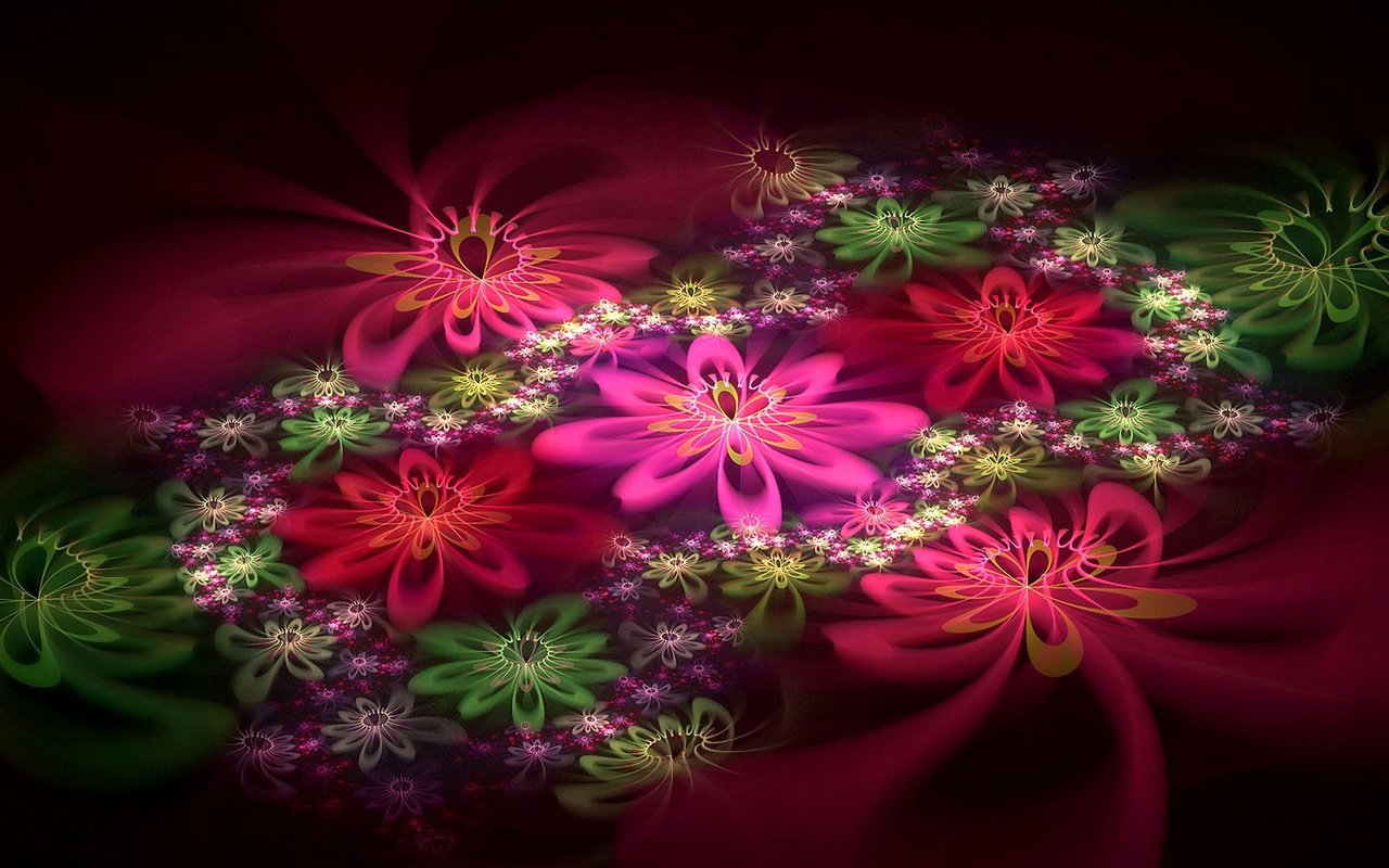 Обои свет, цветы, лепестки, цвет, узоры, фрактал, light, flowers, petals, color, patterns, fractal разрешение 1920x1200 Загрузить