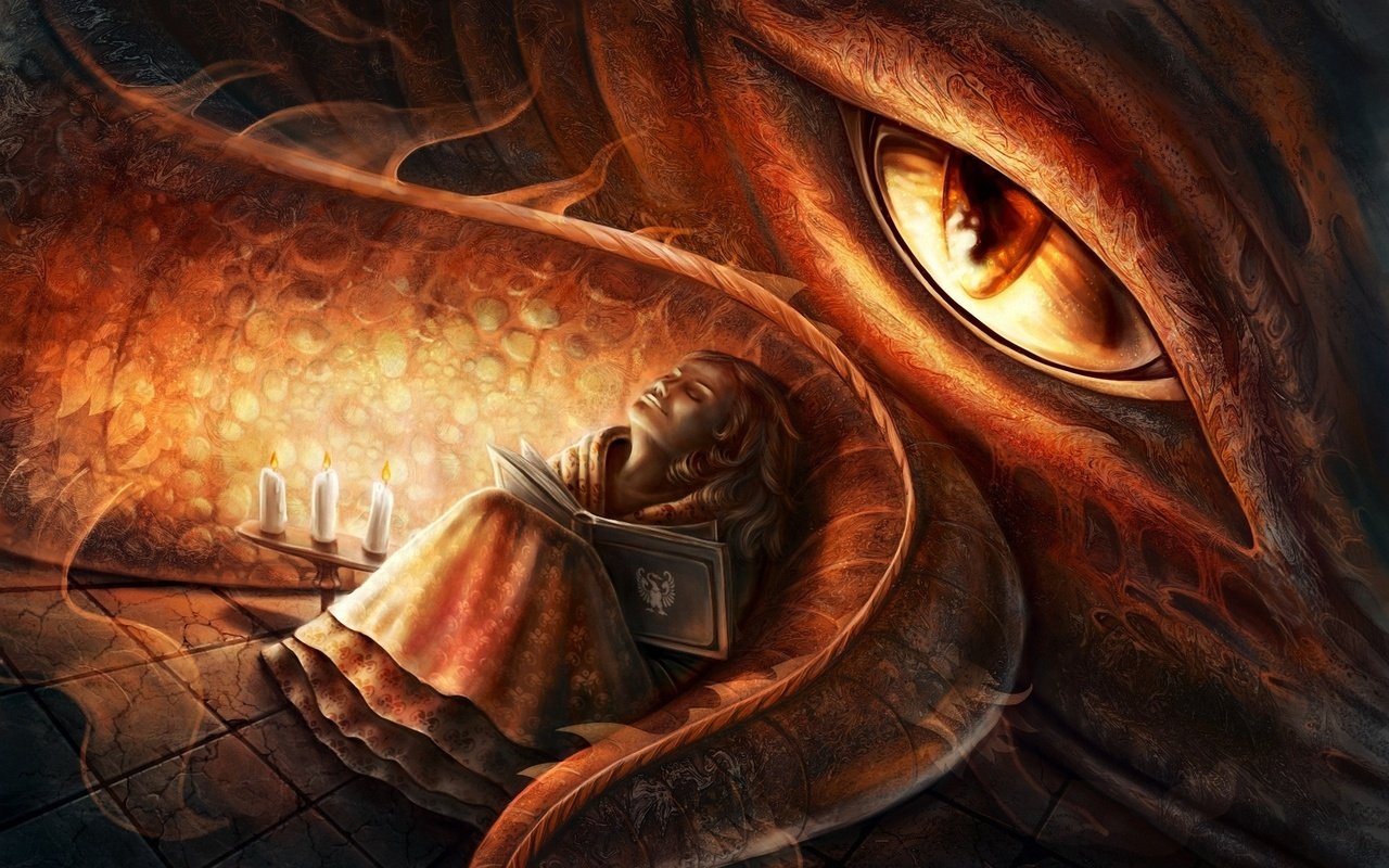 Обои свечи, фантастика, дракон, девочка, глаз, хвост, книга, elena mikhailava, candles, fiction, dragon, girl, eyes, tail, book разрешение 1920x1200 Загрузить