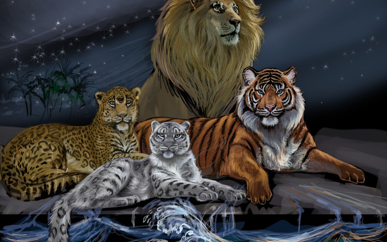Обои тигр, леопард, небо, лев, арт, хищники, вода, грива, волны, живопись, животные, снежный барс, взгляд, царь зверей, луна, tiger, leopard, the sky, leo, art, predators, water, mane, wave, painting, animals, snow leopard, look, the king of beasts, the moon разрешение 3300x2710 Загрузить