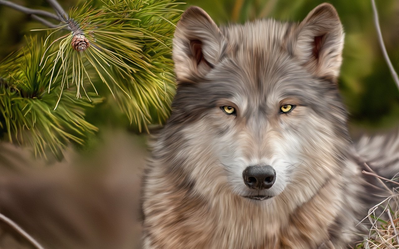 Обои арт, рисунок, взгляд, волк, сосна, art, figure, look, wolf, pine разрешение 3837x2759 Загрузить
