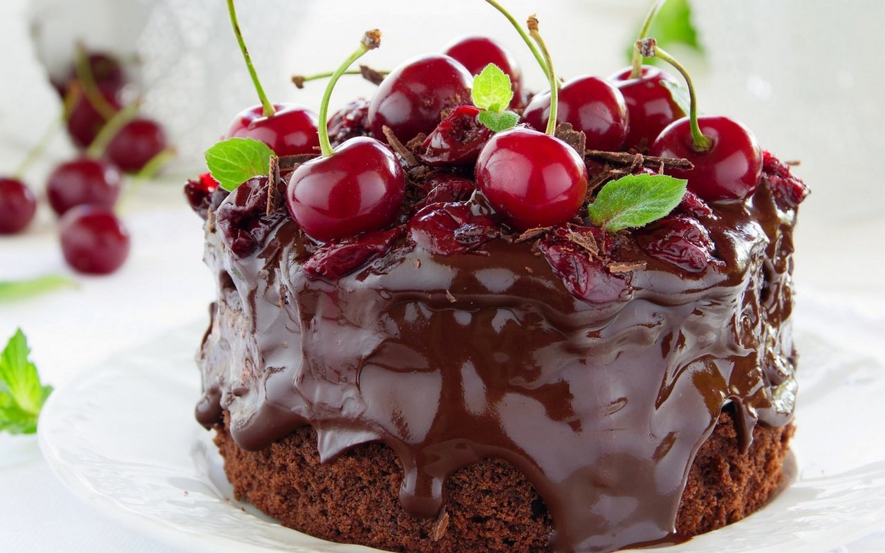 Обои мята, ягоды, вишня, шоколад, сладкое, торт, десерт, mint, berries, cherry, chocolate, sweet, cake, dessert разрешение 3840x2160 Загрузить