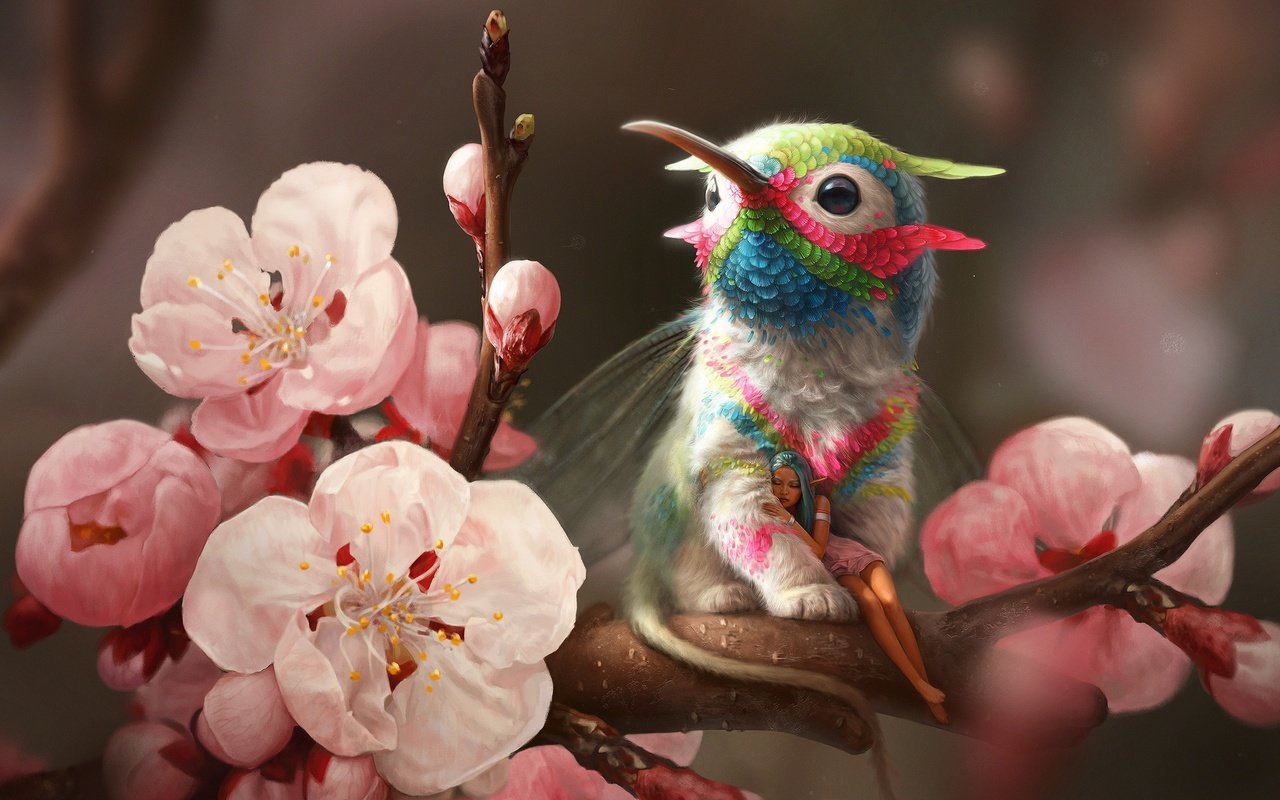 Обои цветы, ветка, весна, эльф, грифон, колибри, flowers, branch, spring, elf, griffin, hummingbird разрешение 2560x1585 Загрузить