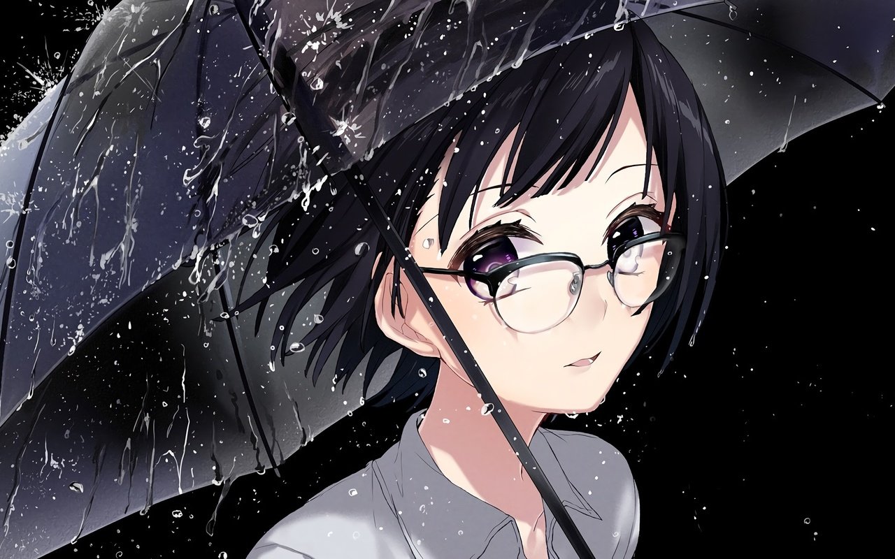 Обои очки, дождь, зонтик, короткие волосы, аниме девочка, meganekko, glasses, rain, umbrella, short hair, anime girl разрешение 2374x1378 Загрузить