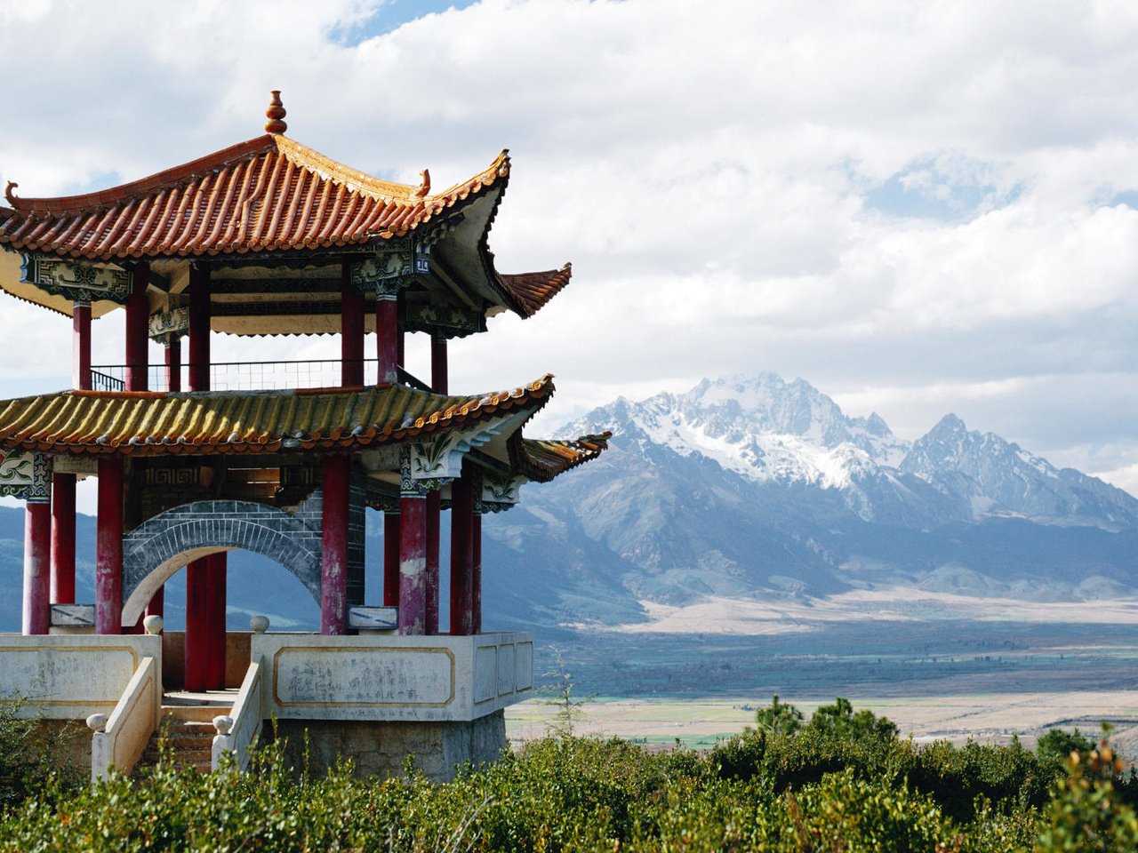 Обои пагода, китай, снежные горы, pagoda, china, snowy mountains разрешение 1920x1080 Загрузить