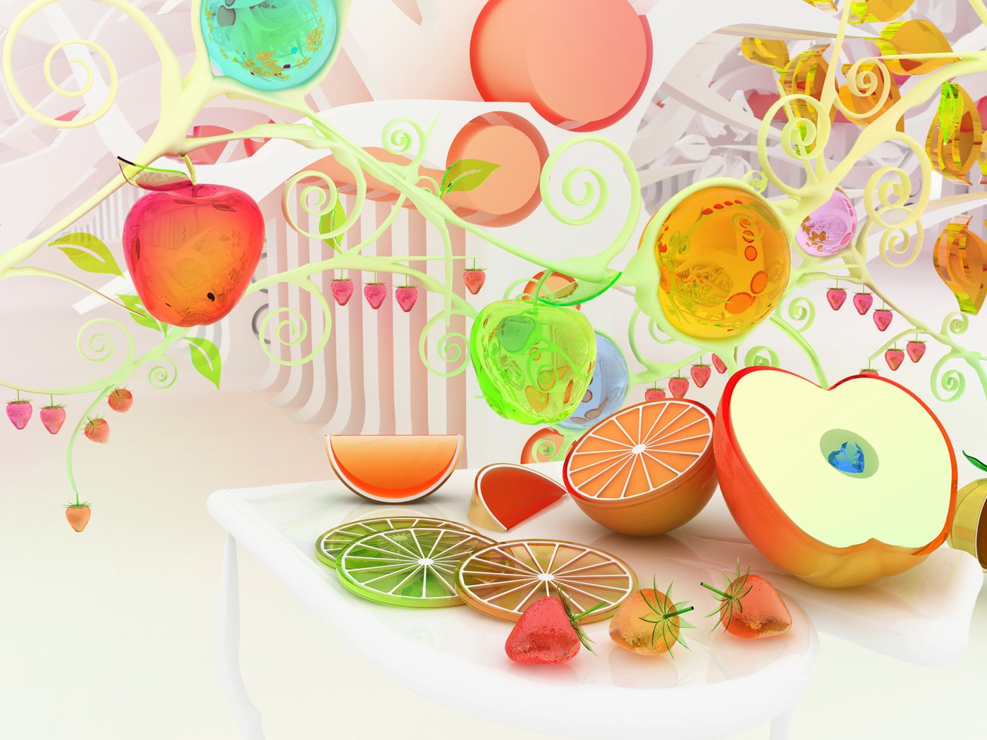 Обои chromatic fruits, разноцветные, фрукты, яблоки, апельсины, клубника, яглды, colorful, fruit, apples, oranges, strawberry, apdi разрешение 1920x1200 Загрузить