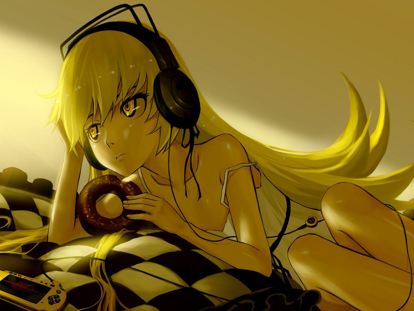 Обои девушка, взгляд, наушники, bakemonogatari, oshino shinobu, желтый цвет, girl, look, headphones, yellow разрешение 1920x1200 Загрузить