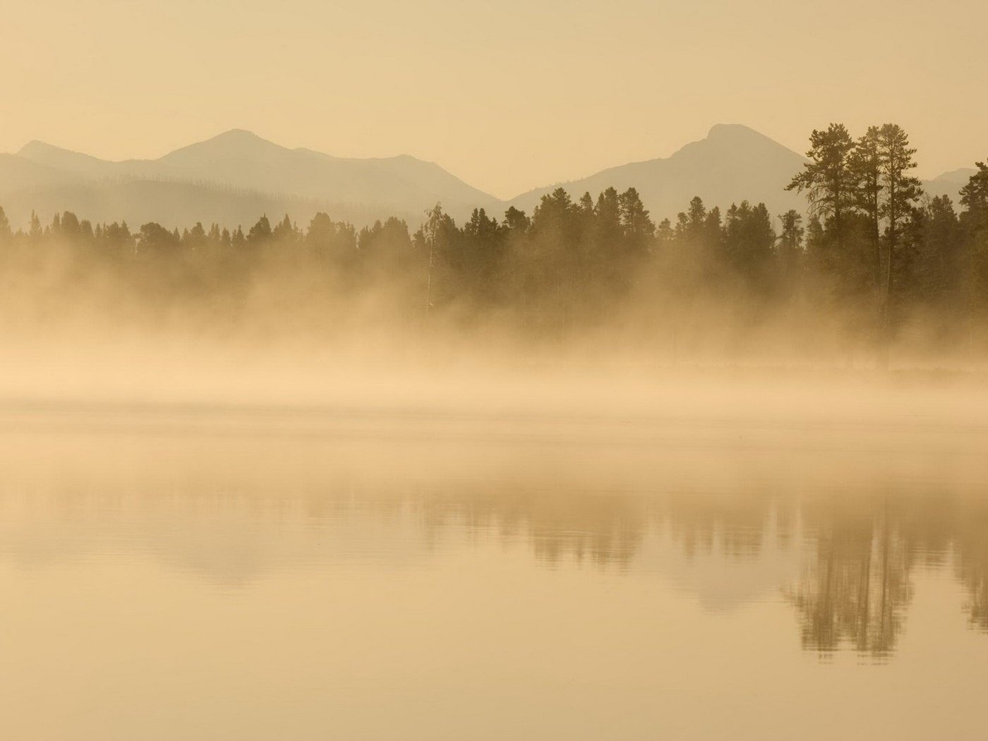 Обои деревья, вода, горы, природа, отражение, туман, trees, water, mountains, nature, reflection, fog разрешение 1920x1200 Загрузить