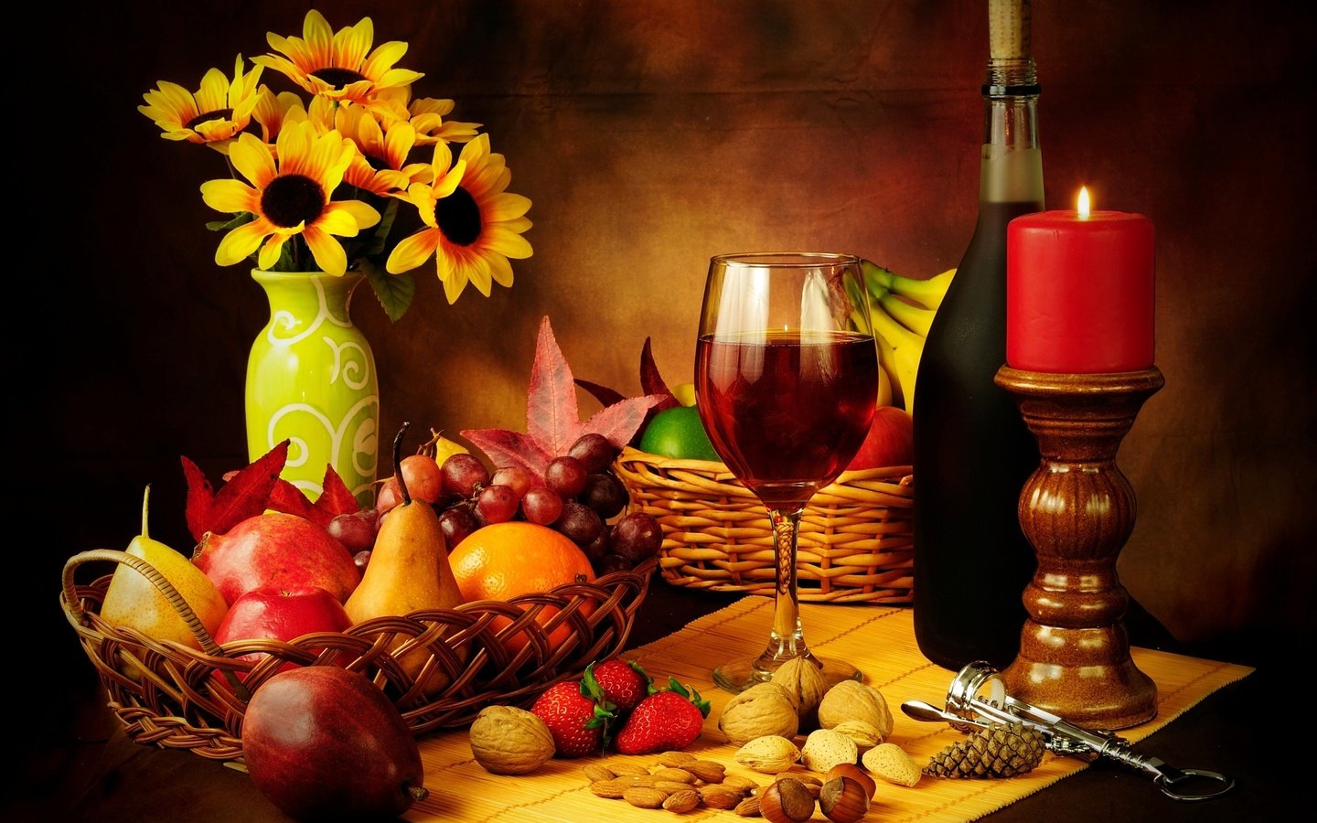 Обои вино, красное вино, свечи, стекло, гайки, орехи, свеча, штопор, виноград, бутылка, cвечи, cтекло, фрукты, красное, яблоки, земляника, клубника, натюрморт, бокал, вина, груши, корзина, wine, red wine, candles, nuts, candle, corkscrew, grapes, bottle, fruit, red, apples, strawberries, strawberry, still life, glass, pear, basket разрешение 3000x2000 Загрузить