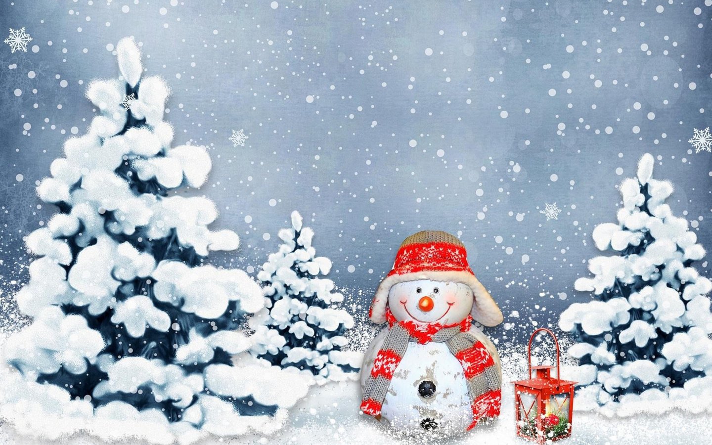 Обои снег, новый год, зима, снеговик, фонарь, рождество, снегопад, snow, new year, winter, snowman, lantern, christmas, snowfall разрешение 2560x1600 Загрузить