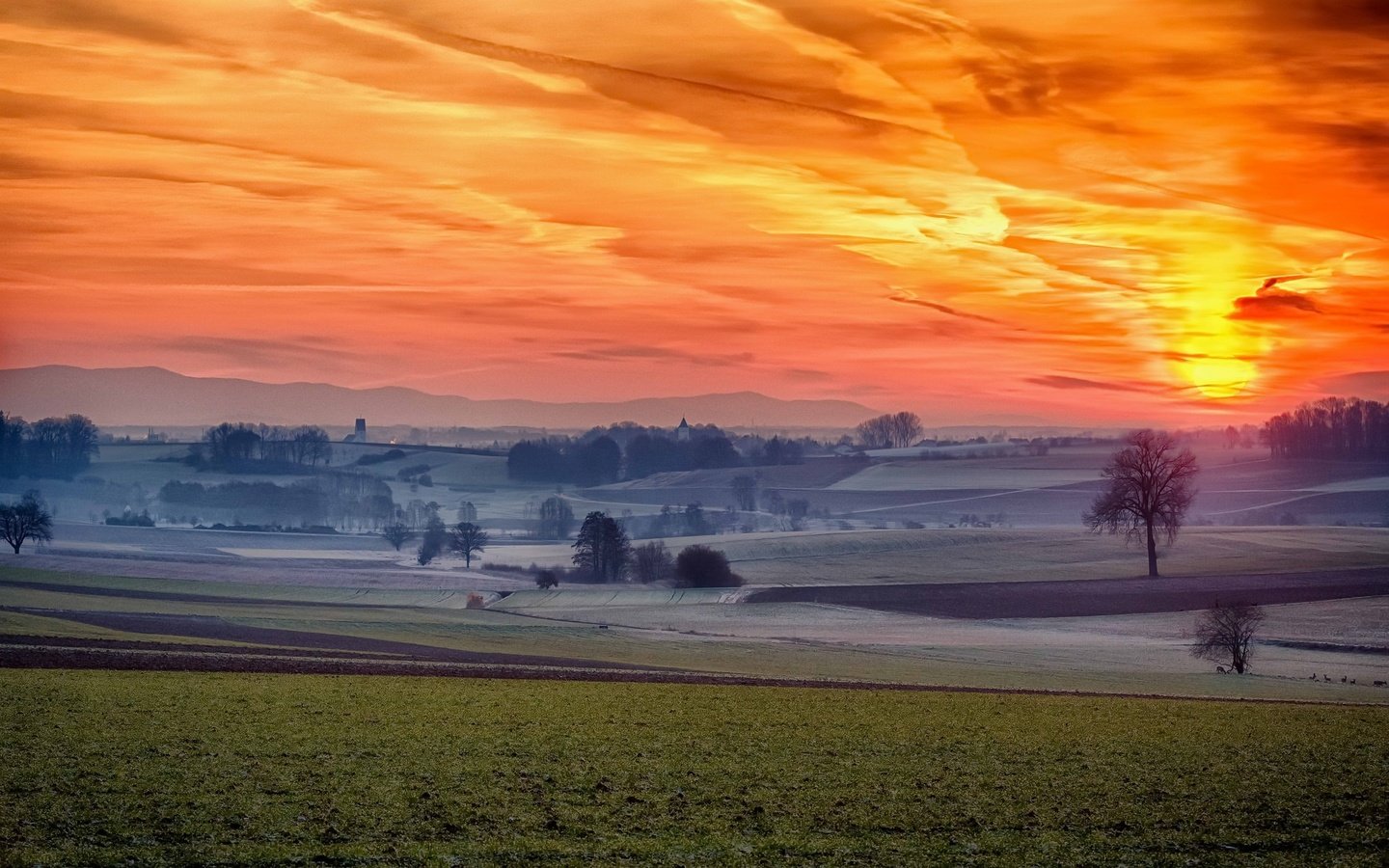 Обои небо, облака, восход, закат, утро, туман, поле, the sky, clouds, sunrise, sunset, morning, fog, field разрешение 2048x1355 Загрузить