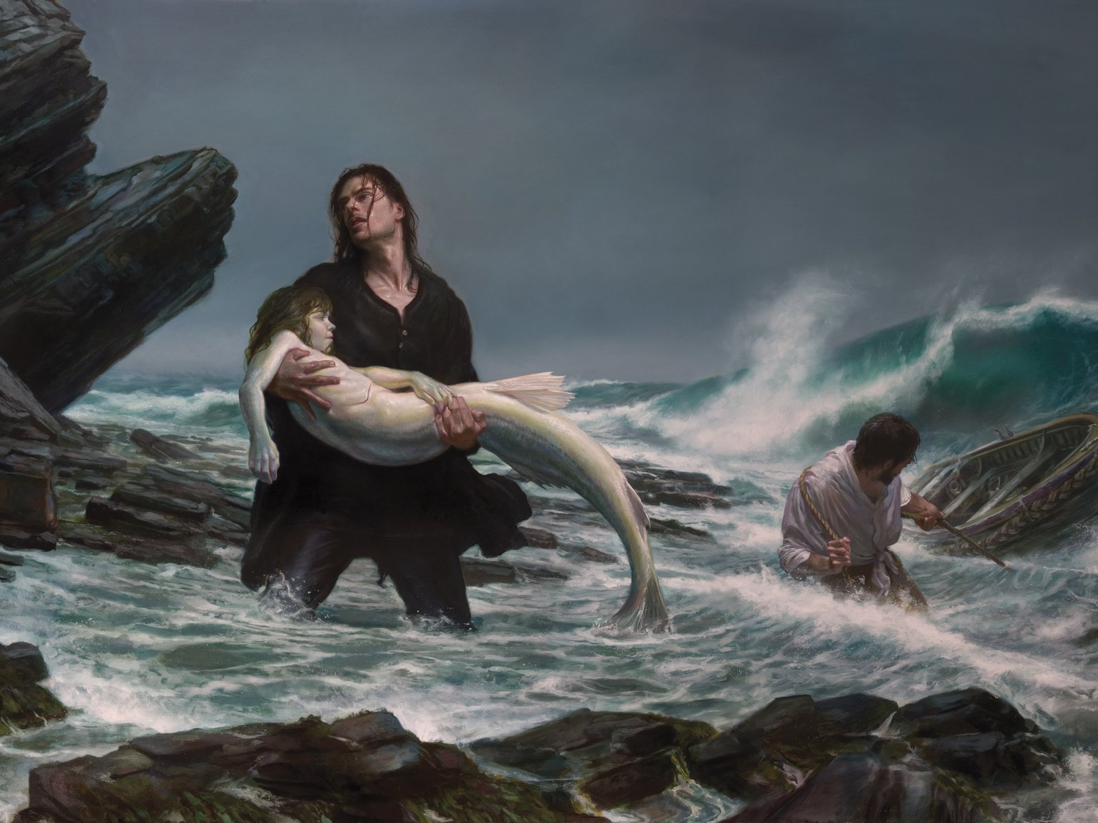 Обои картина, море, шторм, donato giancola, рыбаки, русалка, picture, sea, storm, fishermen, mermaid разрешение 4167x2500 Загрузить