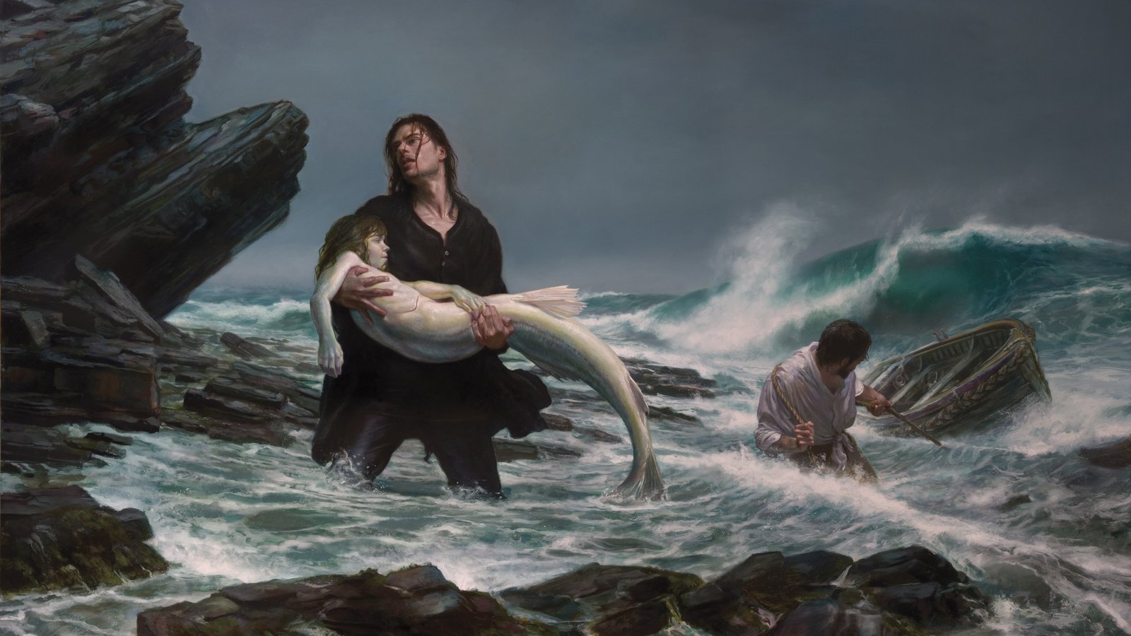 Обои картина, море, шторм, donato giancola, рыбаки, русалка, picture, sea, storm, fishermen, mermaid разрешение 4167x2500 Загрузить