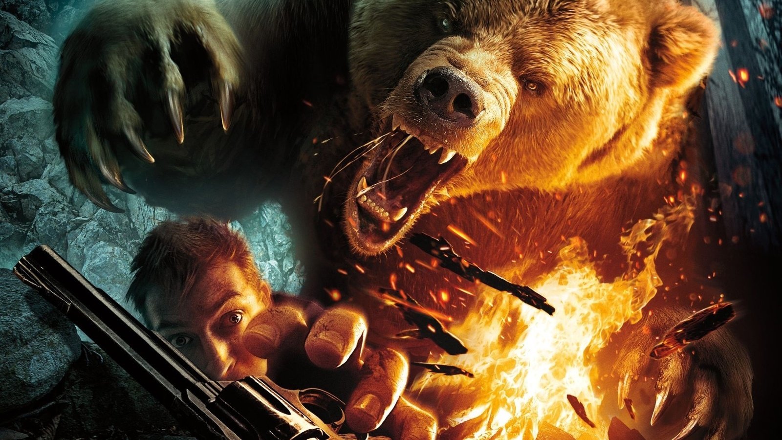 Обои огонь, мужик, револьвер, гризли, рык, fire, man, revolver, grizzly, roar разрешение 1920x1200 Загрузить